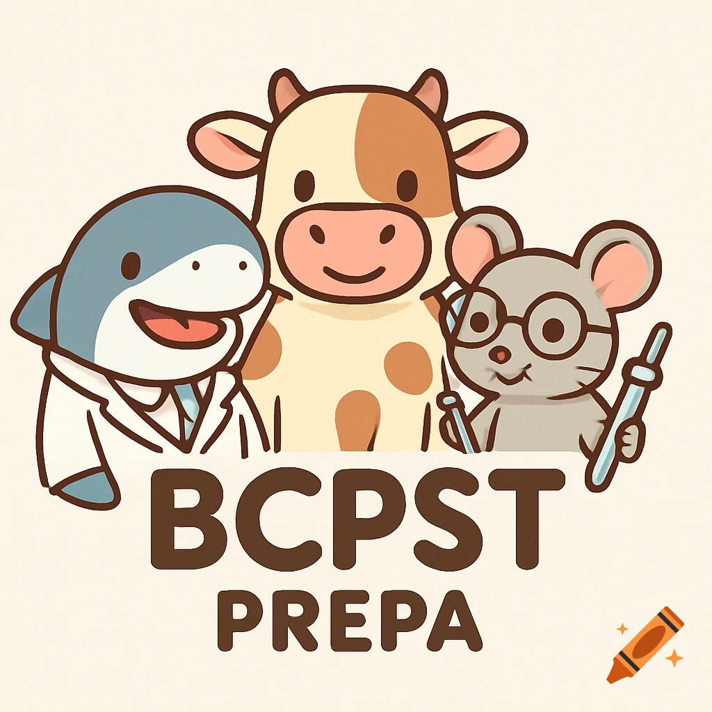 Cartoon logo with a cow, a shark in a lab coat, and a mouse in glasses with a pipette, above the text 'BCPST PREPA'.