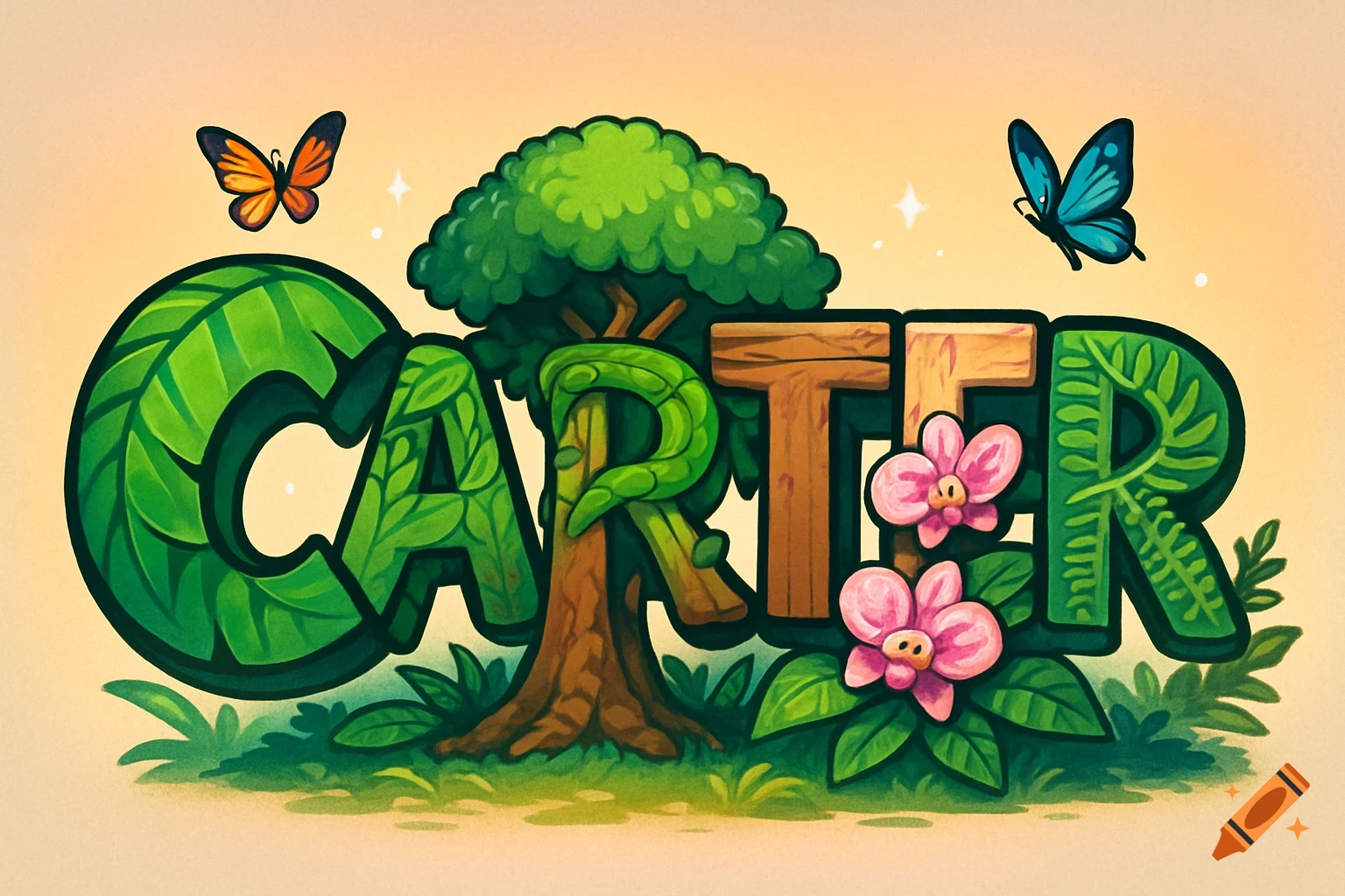 The word CARTER styled with green leaves, wood, a tree, pink orchids, and two butterflies on a light background.