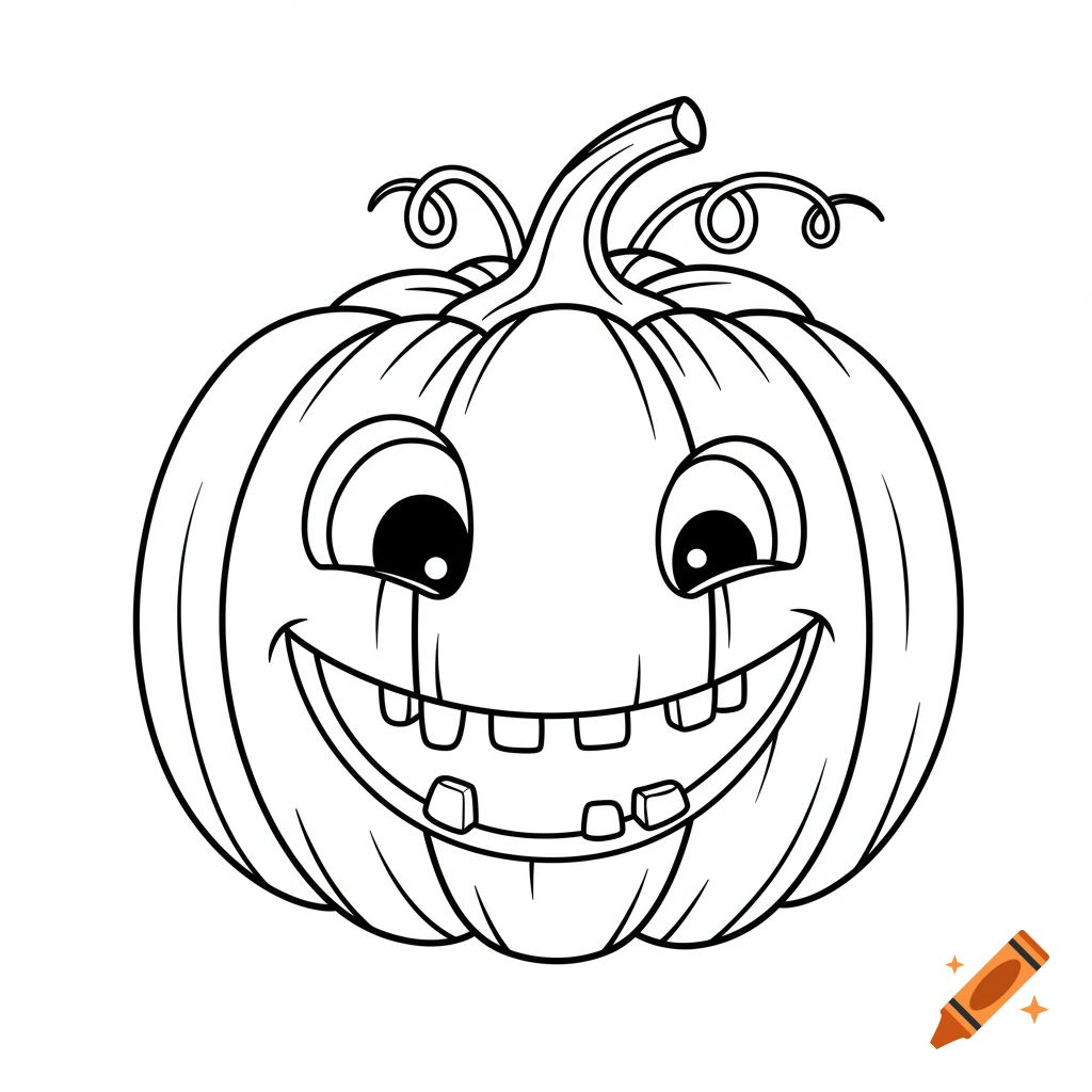 A black and white line drawing of a funny Halloween pumpkin with a silly, happy face, suitable for a coloring page.