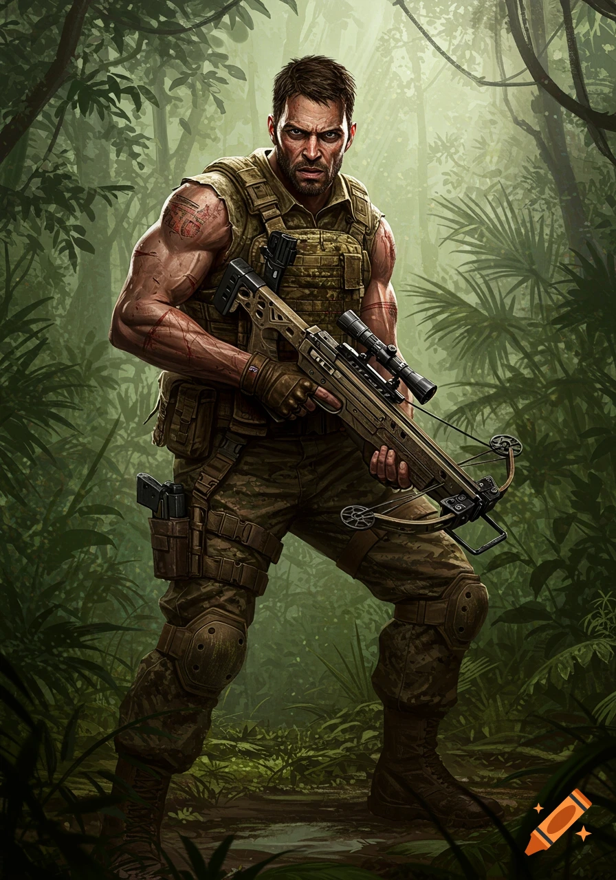 A muscular survivalist soldier in camouflage holds a crossbow, standing in a dense jungle. Stylized illustration.