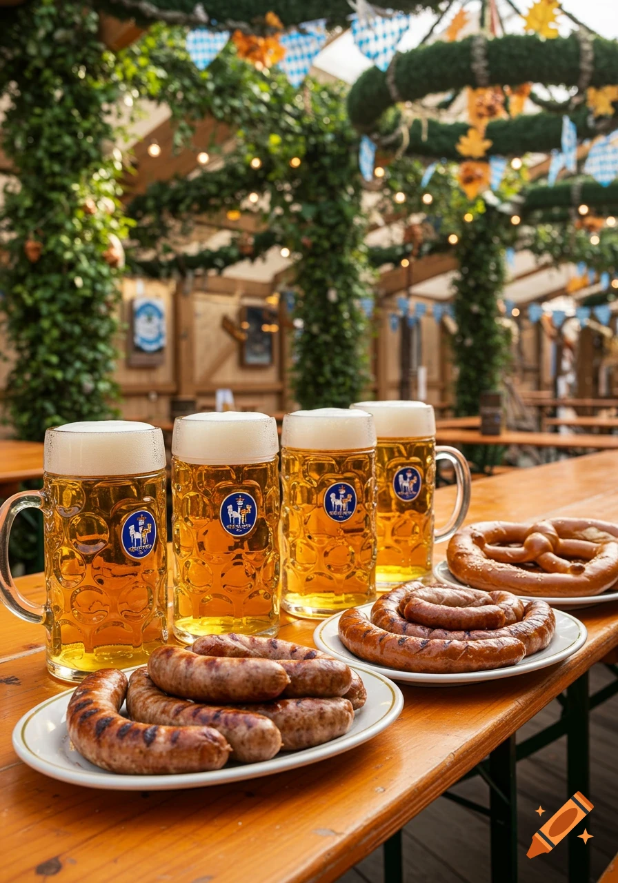 Four mugs of beer with frothy heads, plates of grilled sausages, and a pretzel on a wooden table in an Oktoberfest tent.