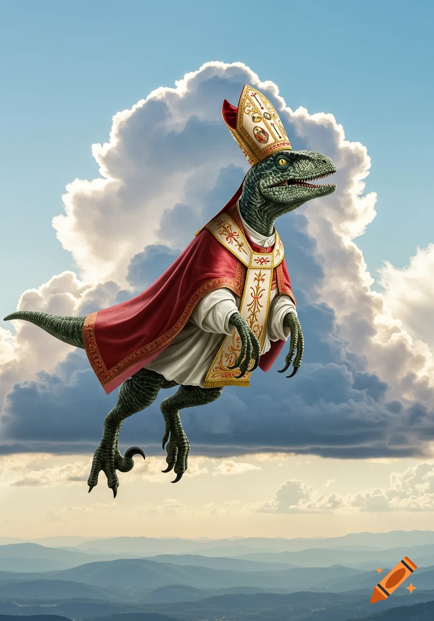 A photorealistic velociraptor wearing a pope's mitre and stole floats among bright clouds above mountains.