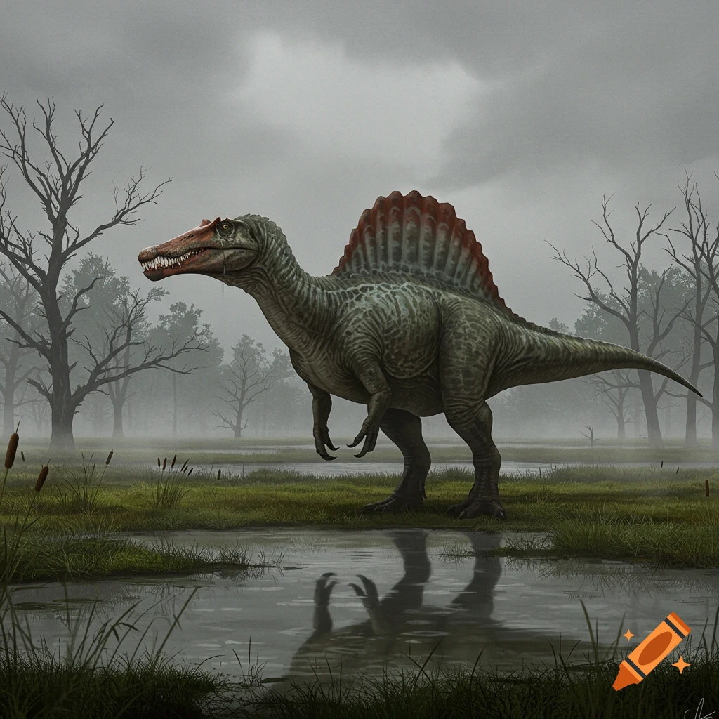 A large green and red Spinosaurus stands in a misty, swampy landscape with bare trees, its reflection visible in the water.