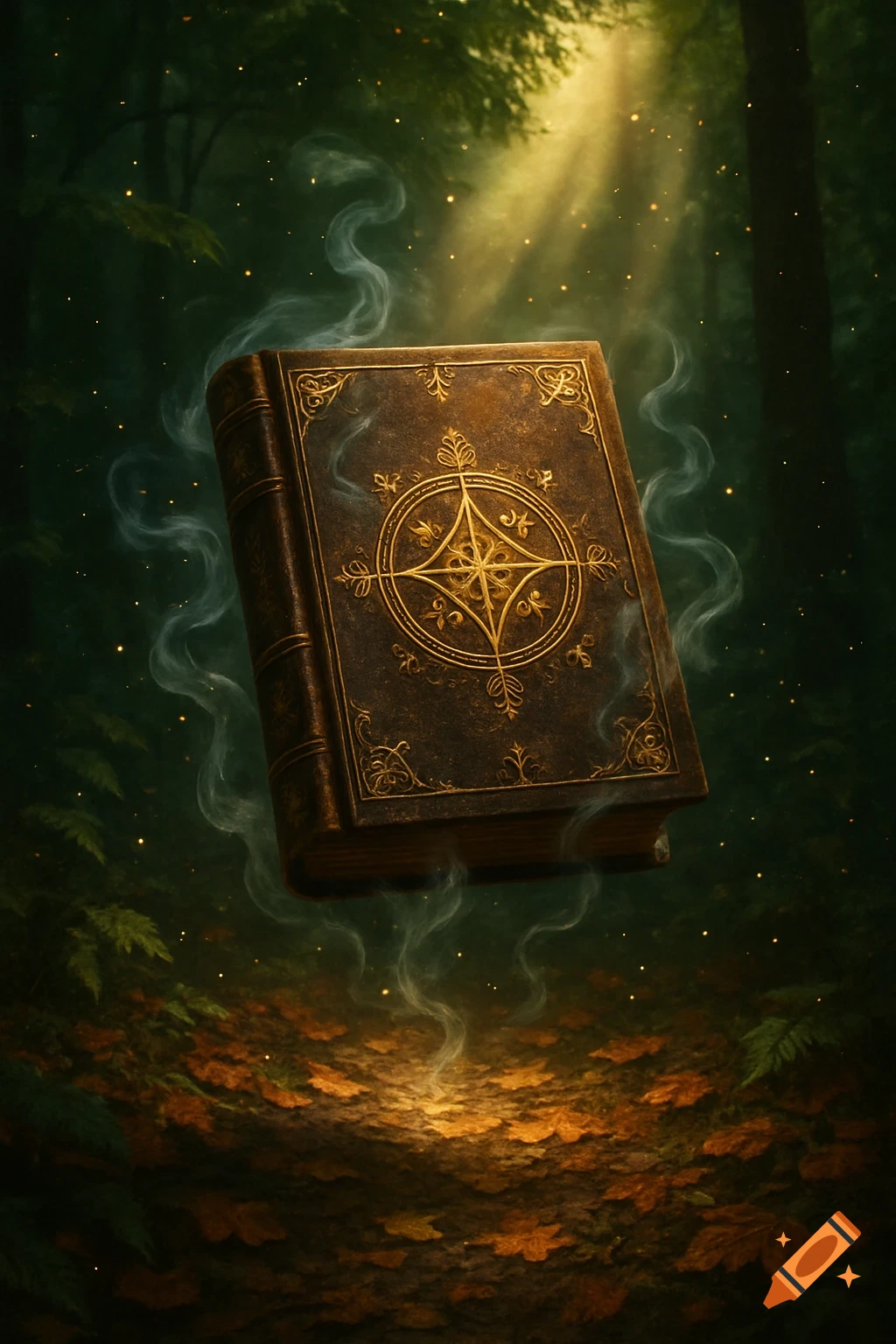 A mystical, ornate leather-bound book with golden symbols floats in a dark, sunlit fantasy forest with glowing smoke.