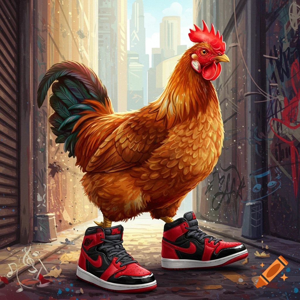 A large, detailed rooster wearing red and black high-top sneakers stands on a graffiti-covered urban street with city buildings in the background.