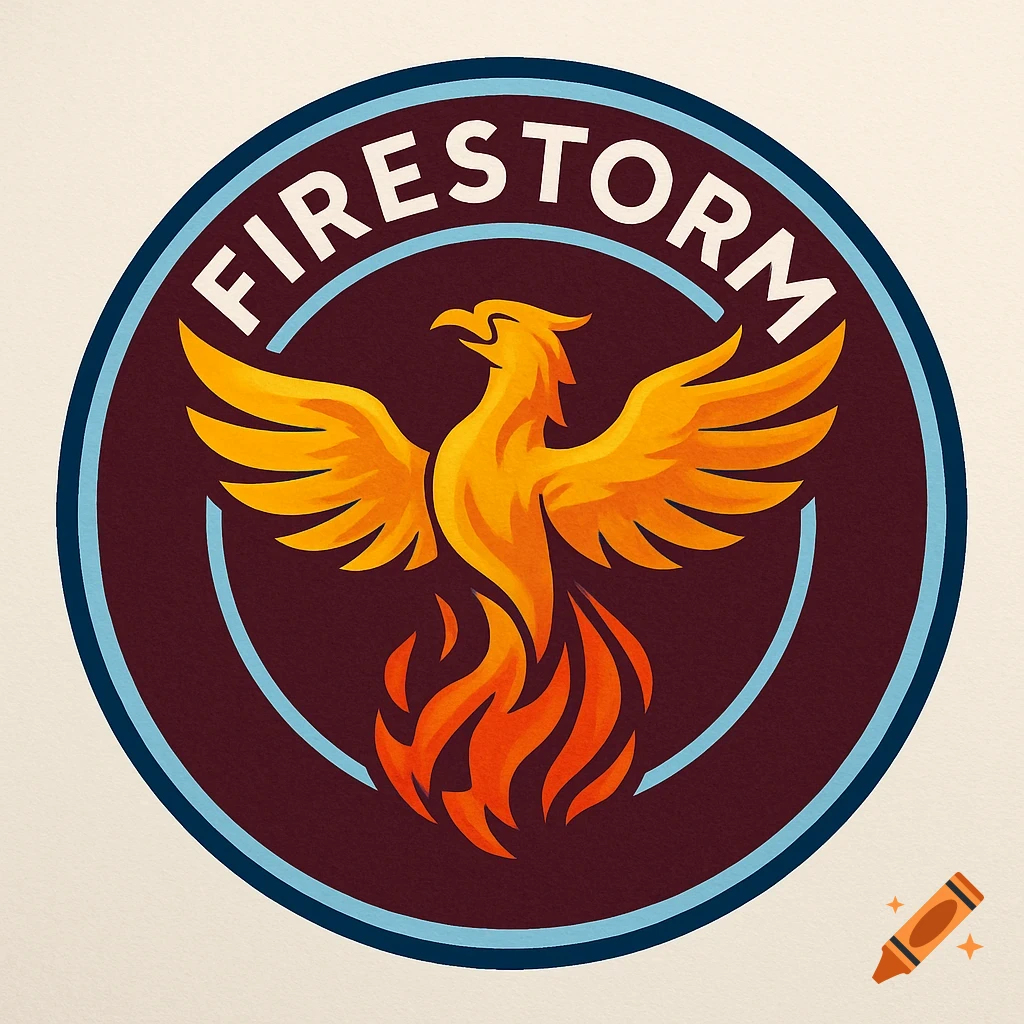 Circular sports logo with a golden phoenix rising from flames and 'FIRESTORM' text on a burgundy and blue background.