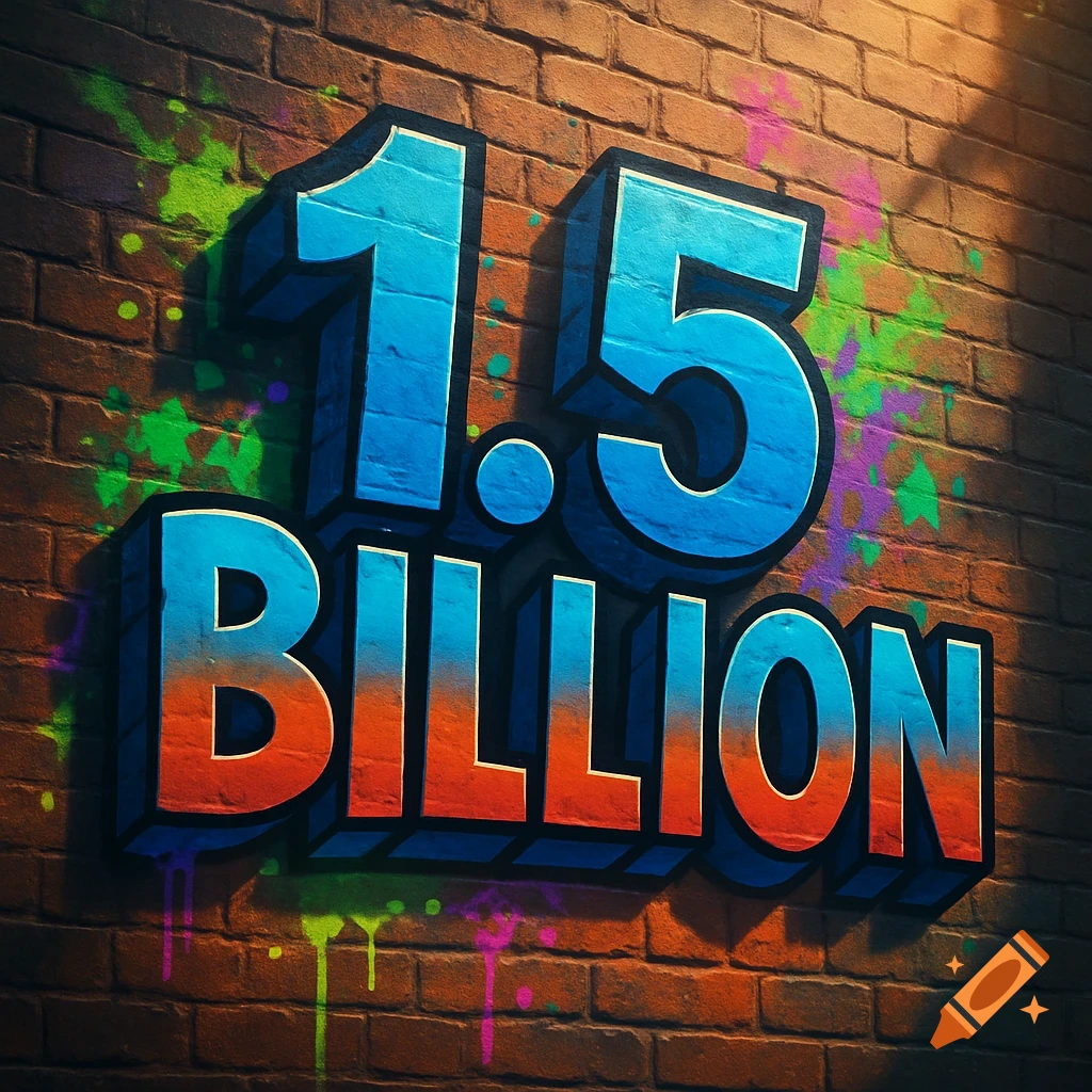 Large 3D blue and orange text reading "1.5 BILLION" on a brick wall with colorful graffiti paint splatters.