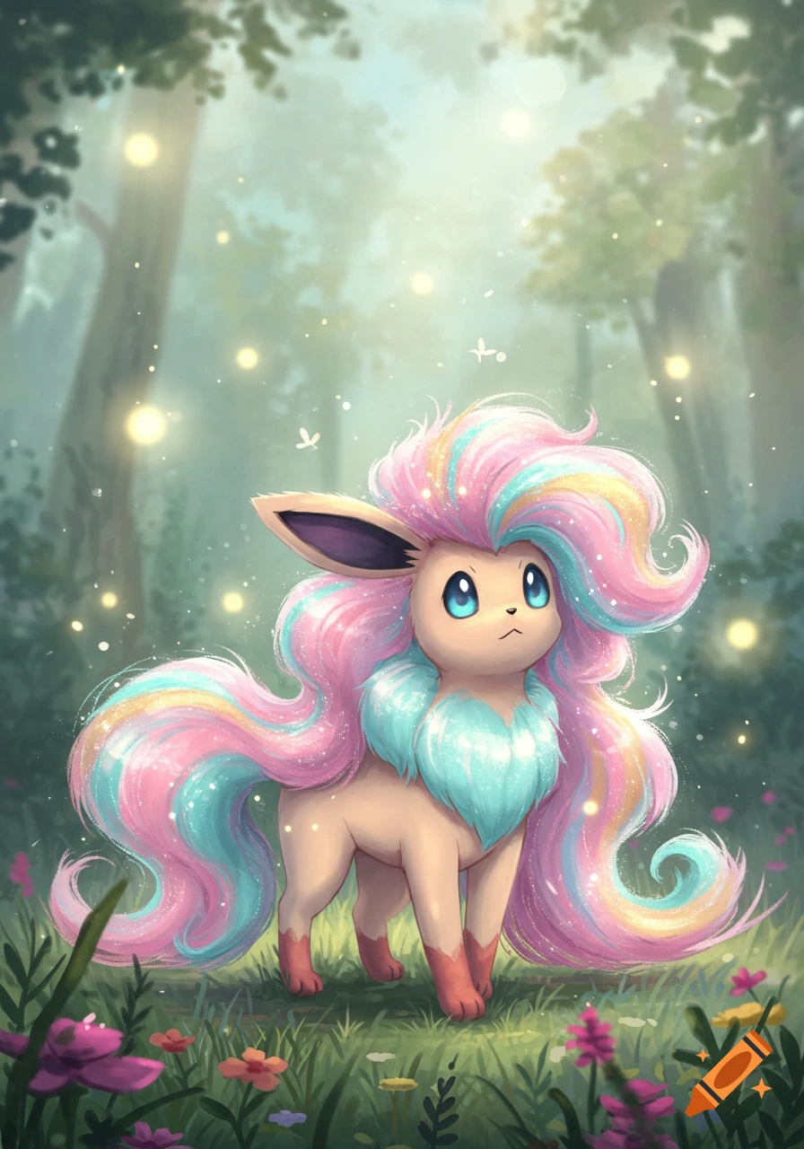 A fluffy, Eevee-like creature with a rainbow mane and teal chest fur stands in a magical forest with glowing lights and flowers.