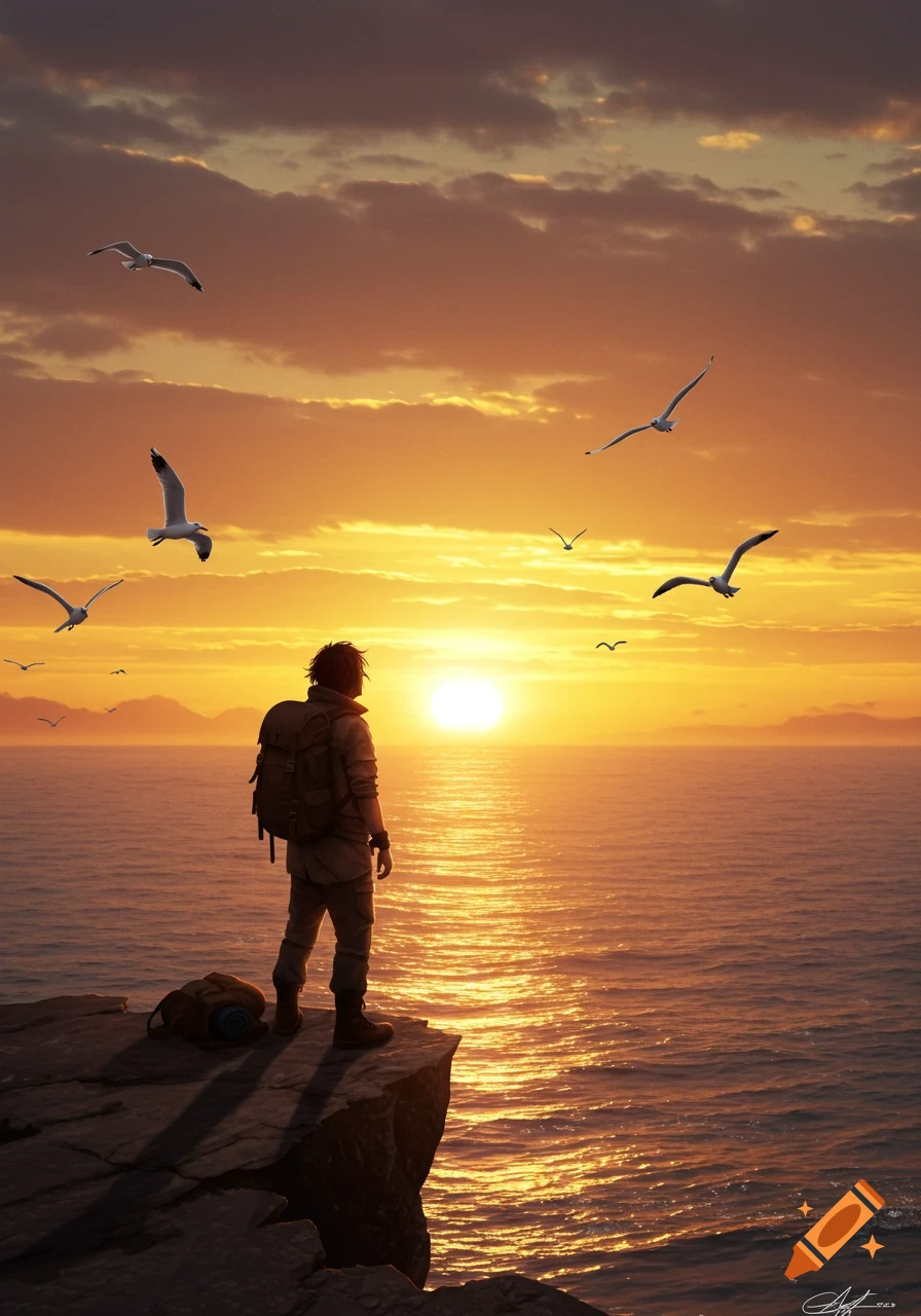 A lone traveler stands on a cliff overlooking a vast ocean at a vibrant sunset, with seagulls flying against the orange sky.