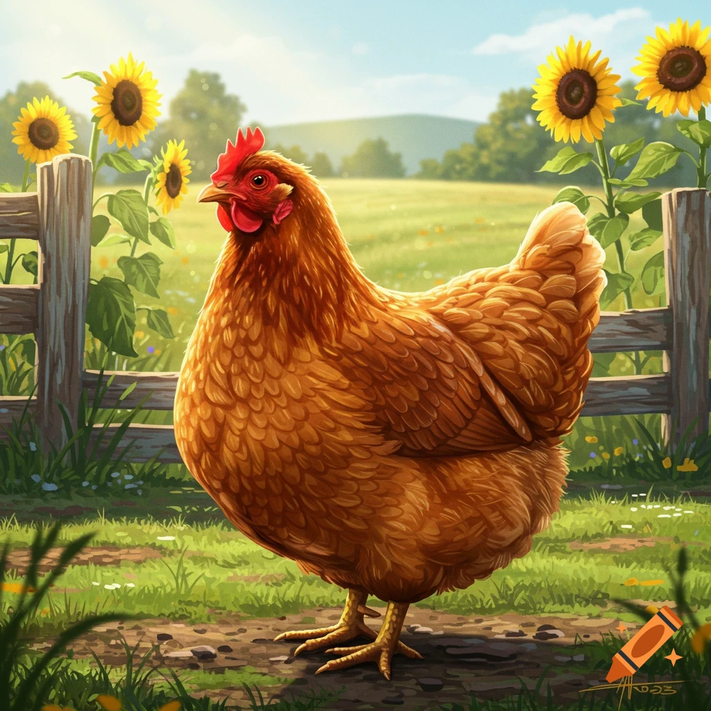 A brown chicken stands in a grassy field with sunflowers and a wooden fence under a sunny blue sky.