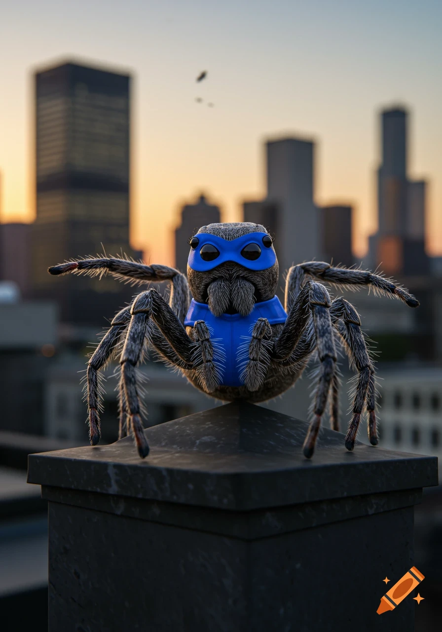 A fluffy spider in a blue superhero mask and costume perches on a rooftop ledge, with a blurred cityscape at sunset in the background.