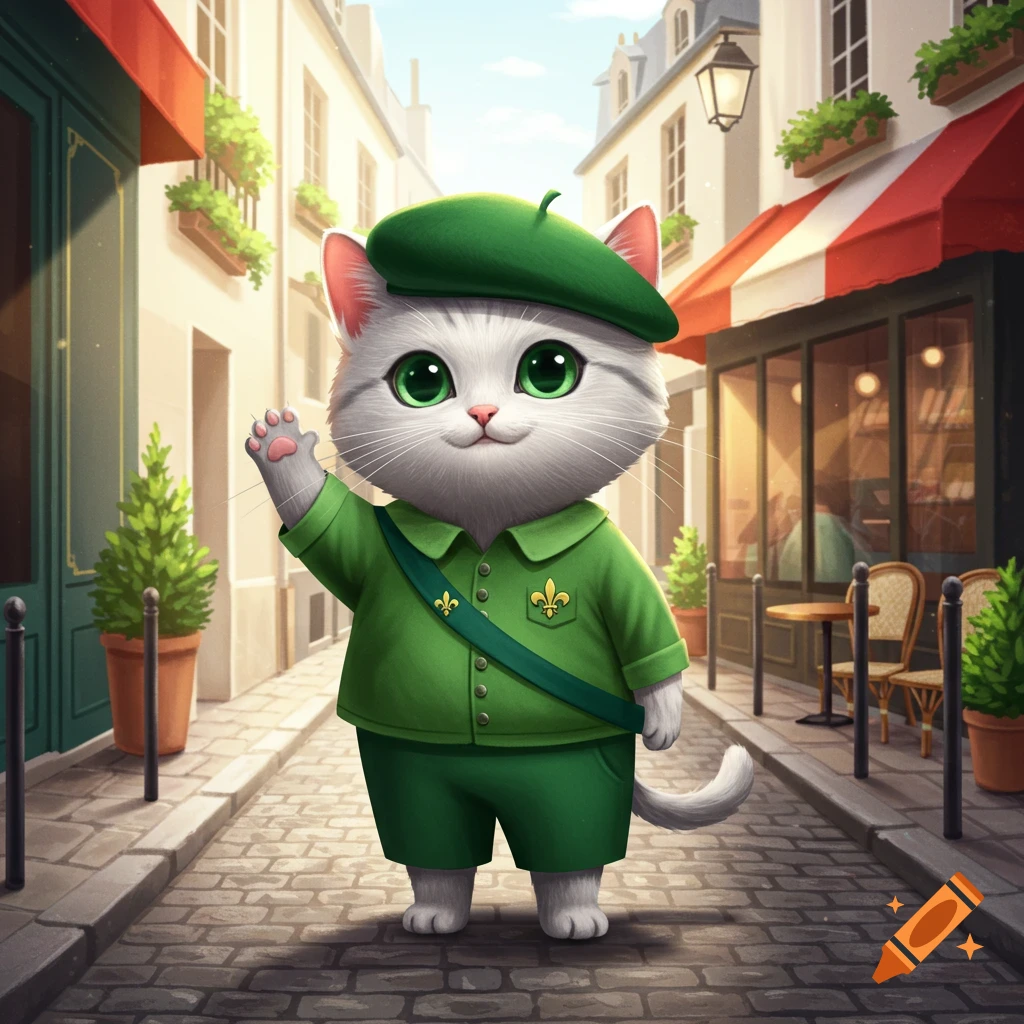 A cute cartoon cat wearing a green beret and uniform with a fleur-de-lis waves on a cobblestone street in Paris.