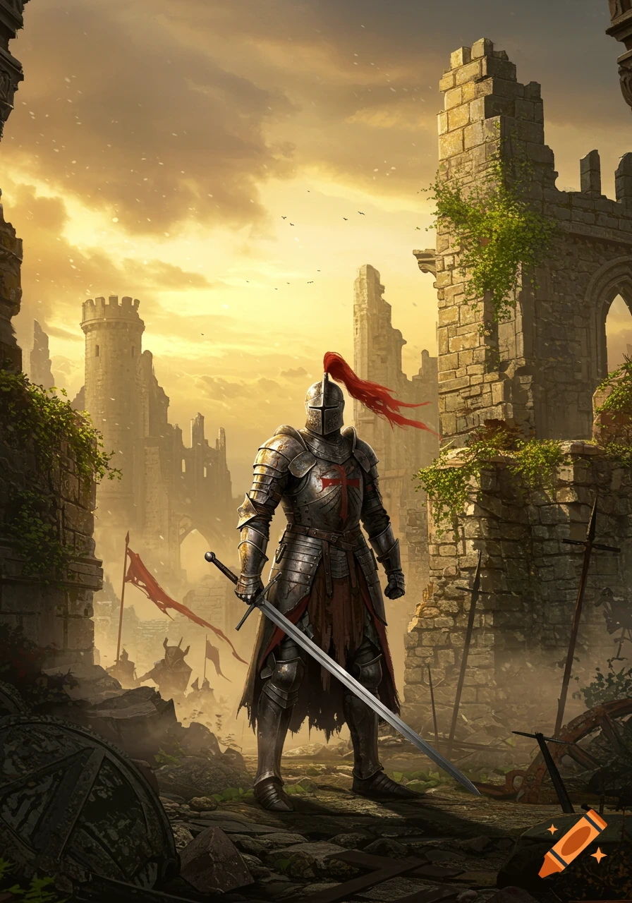 A knight in full armor holds a sword, standing among the ruins of a castle under a golden sky.