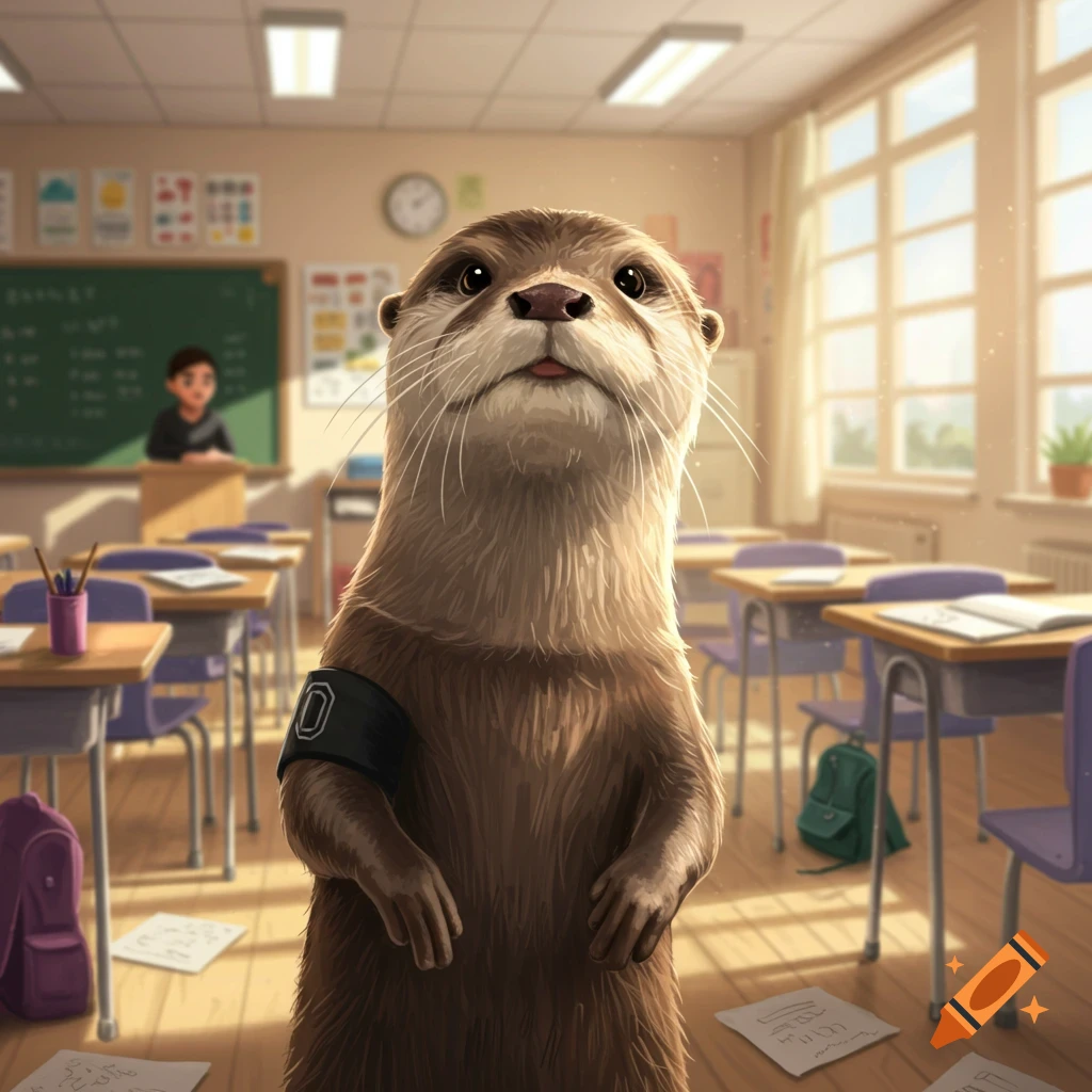 An anthropomorphic otter wearing a black armband stands in a sunlit classroom, looking up with a worried expression.