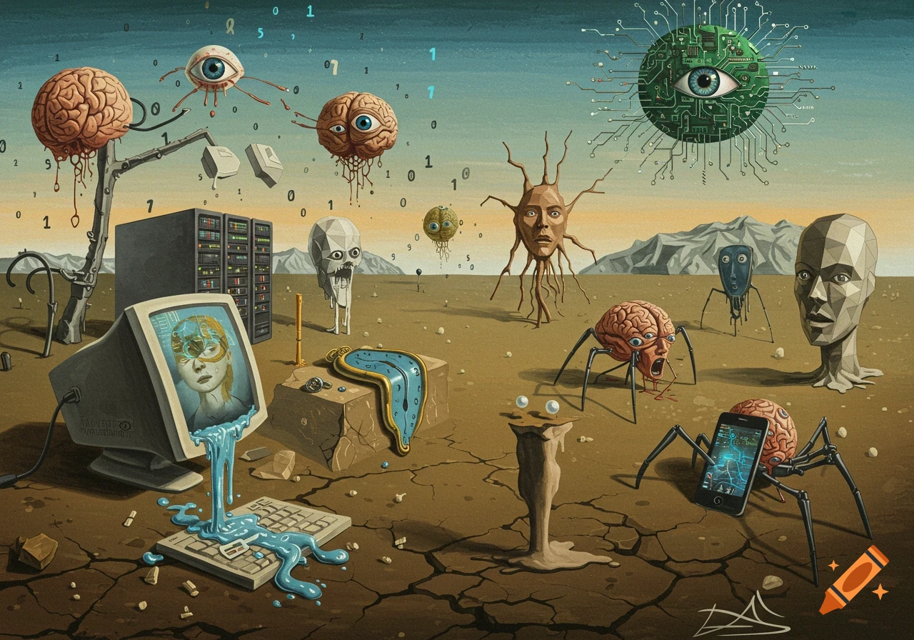 A surreal Salvador Dalí-inspired oil painting featuring melting computer screens, brains with spider legs, geometric figures, and floating binary code in a barren landscape.