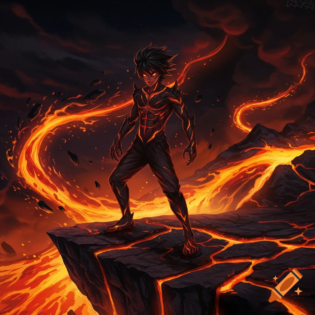 Anime character with black hair and lava-like skin stands on a cracked rock overlooking glowing lava.