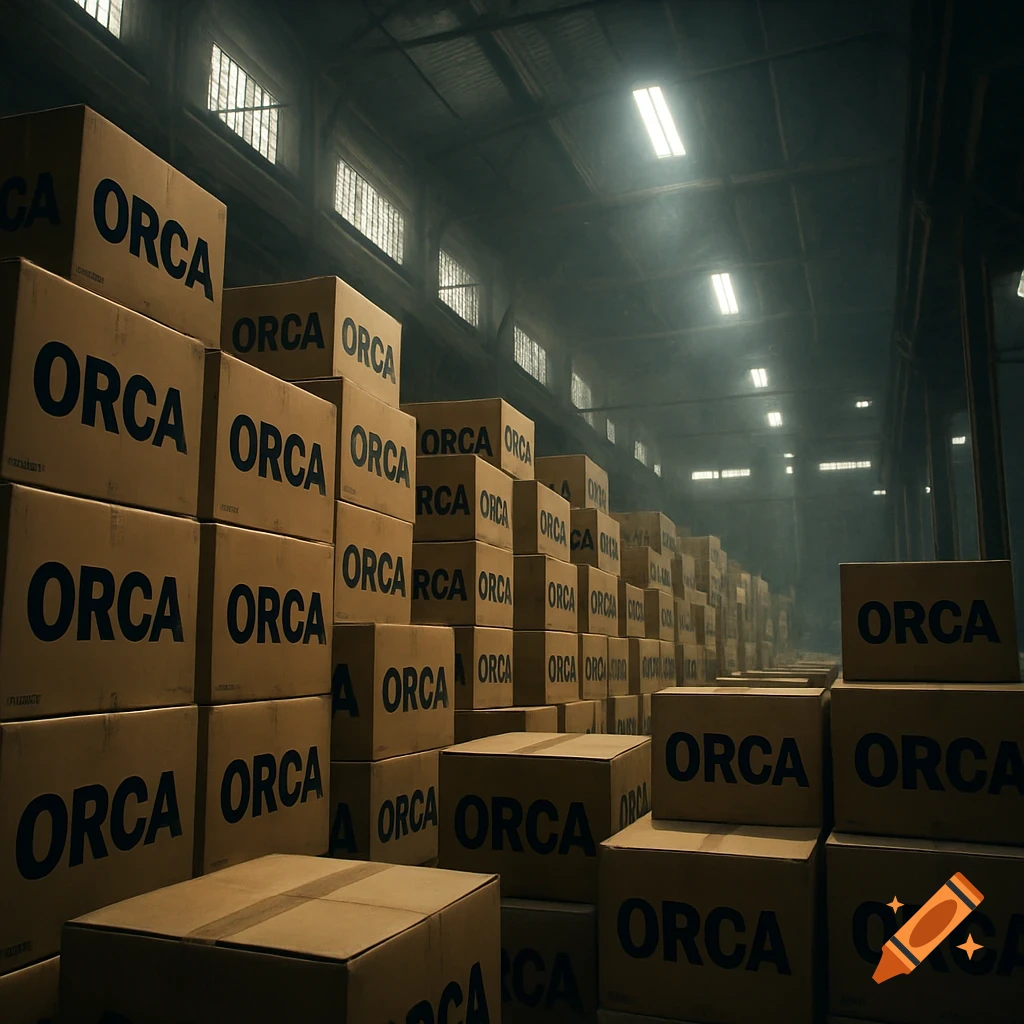 A vast, dimly lit warehouse filled with stacks of brown cardboard boxes, each prominently labeled 'ORCA'.