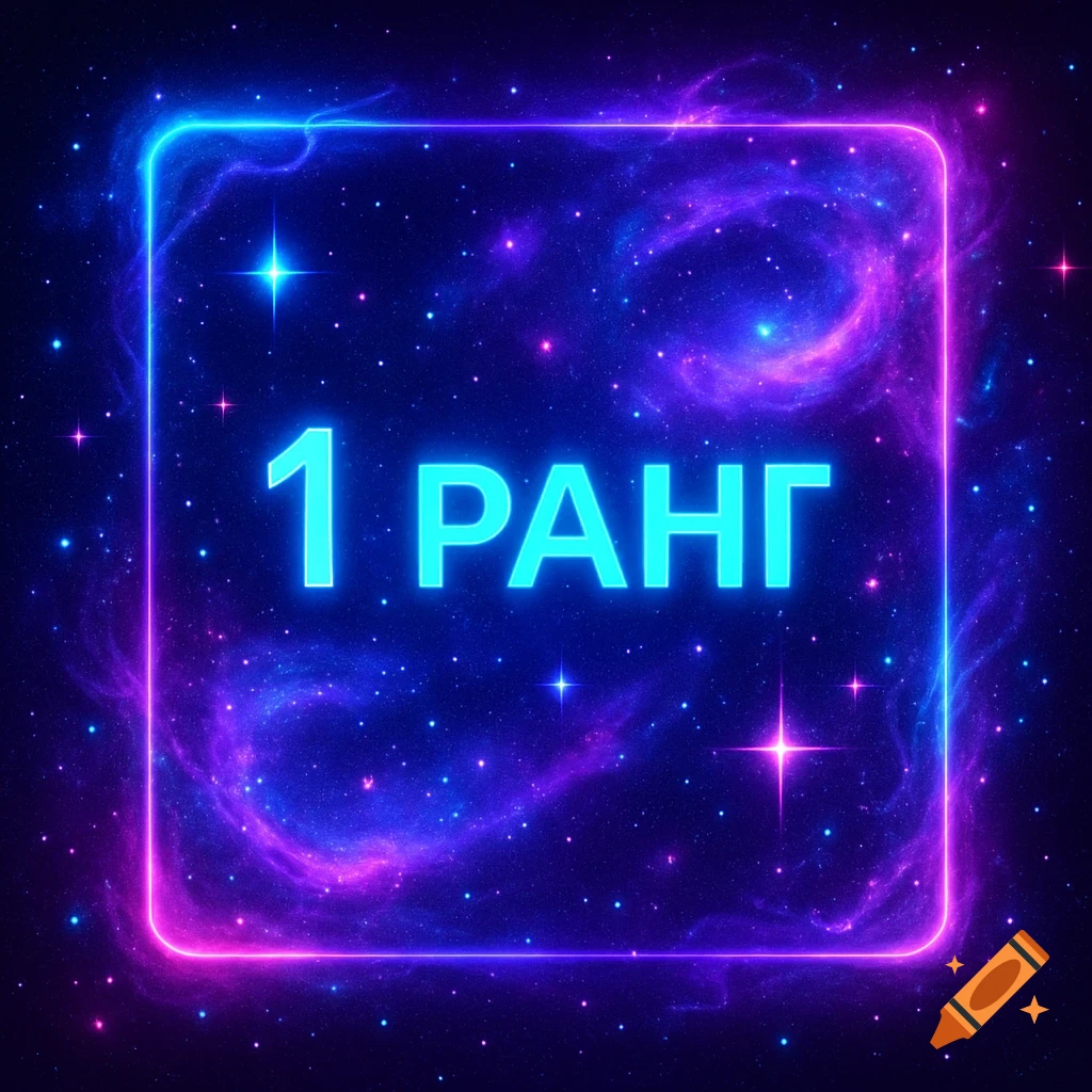 A neon-blue and purple glowing square frame with the text "1 РАНГ" in bright blue, set against a dark cosmic background with stars and nebulae.