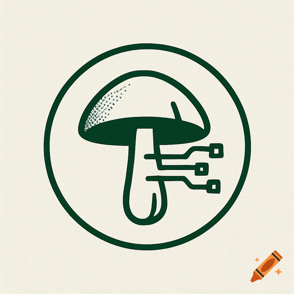 A dark green AI company logo featuring a mushroom with circuit lines, enclosed in a circle.
