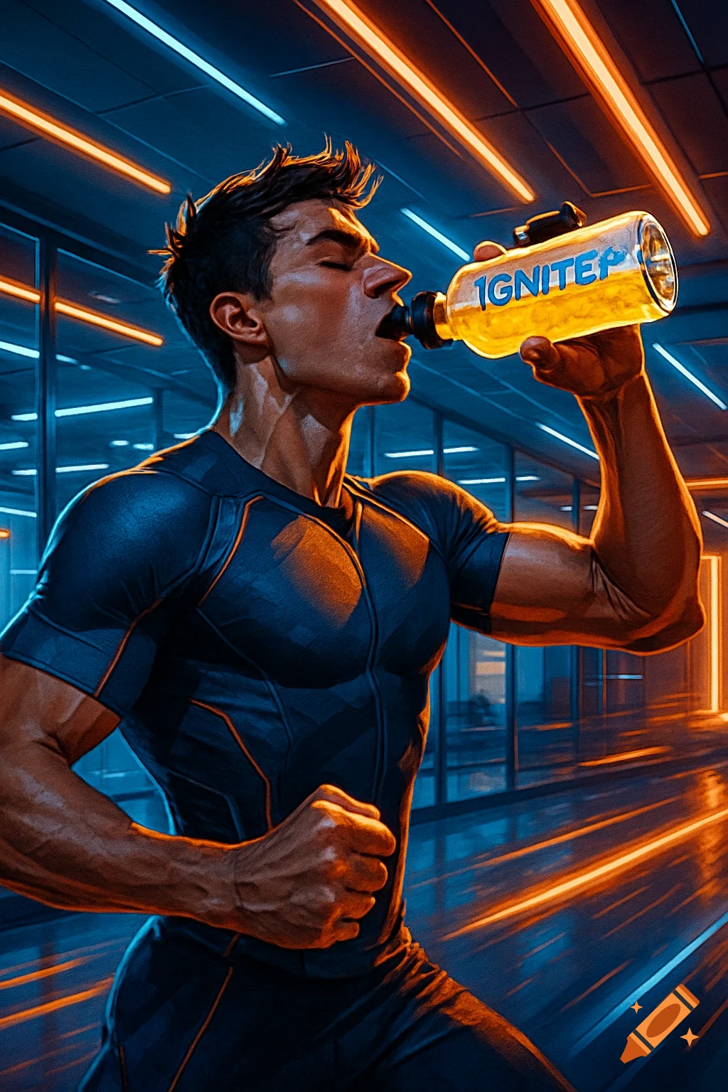 Muscular athlete drinking from an energy drink bottle with 'IGNITEP' on it, in a futuristic setting with neon lights.