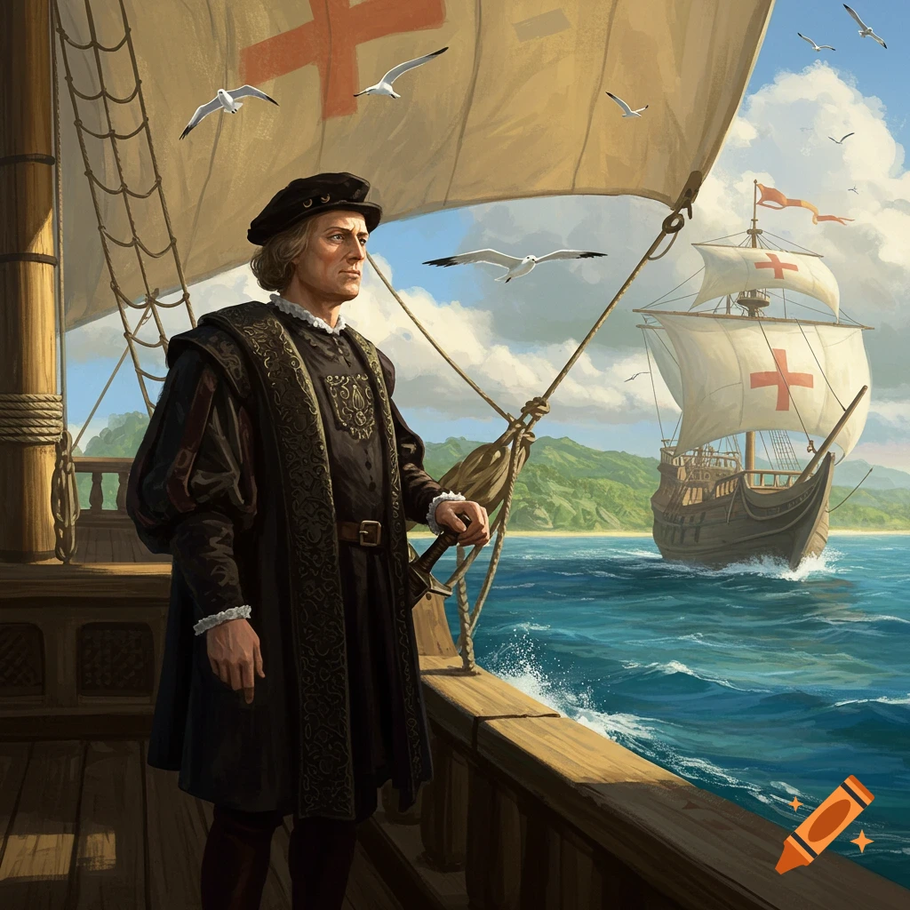Man in historical attire stands on a wooden sailing ship, gazing at the sea, with another ship and an island in the distance.