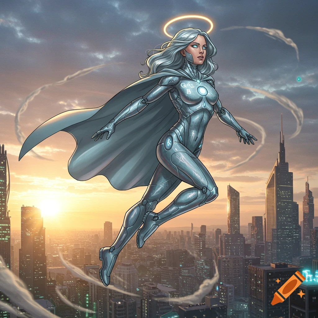 A female superhero in a metallic silver suit and cape with a glowing halo hovers over a futuristic city at sunset, in a comic book art style.