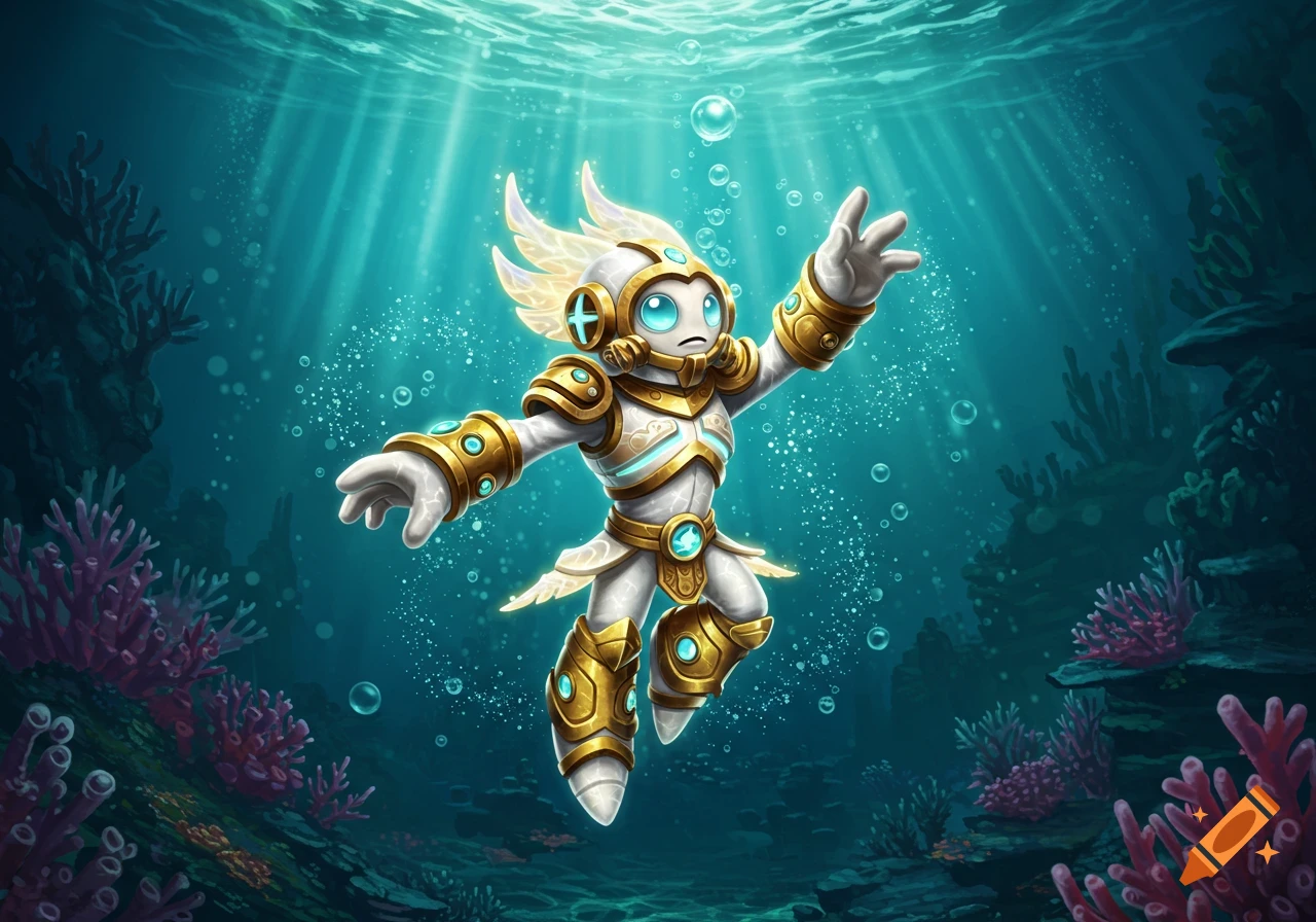 A gold and white light elemental Skylanders-style character floats underwater amidst bubbles and coral reefs, with light rays filtering from above.