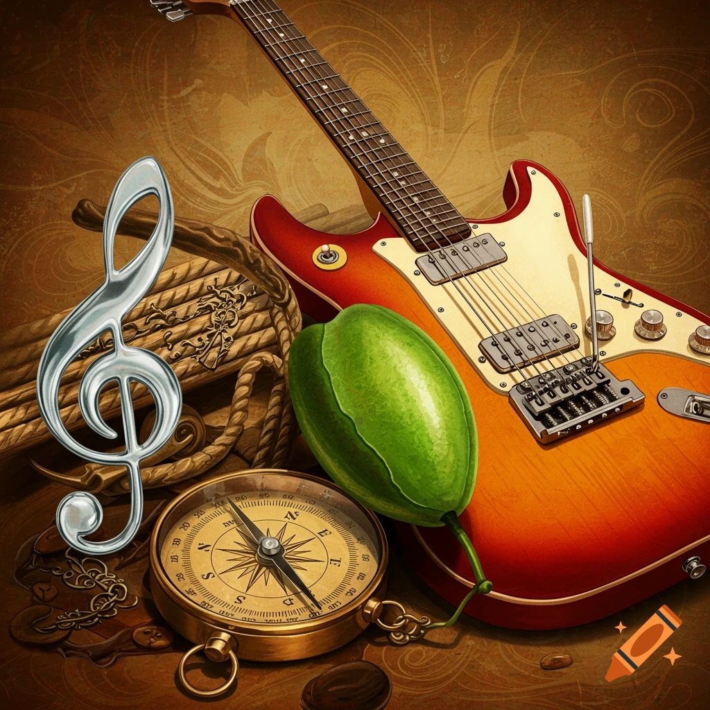 Still life featuring an electric guitar, a silver treble clef, a golden compass, and a green seed pod on a decorative brown background.