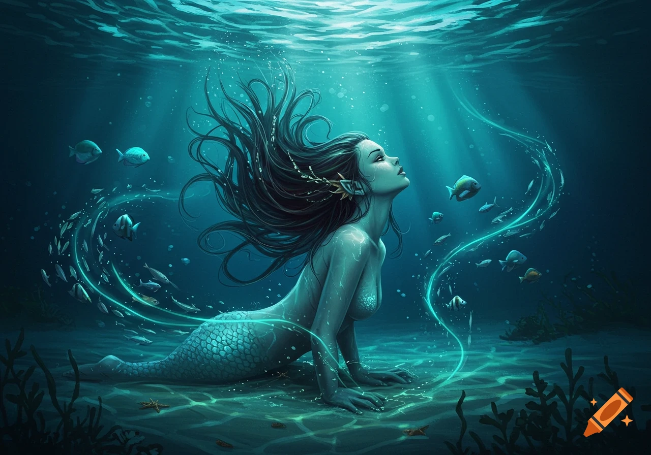 A beautiful dark-haired siren with a scaled tail rests on the seabed, looking up at light filtering through the glowing blue water with fish.