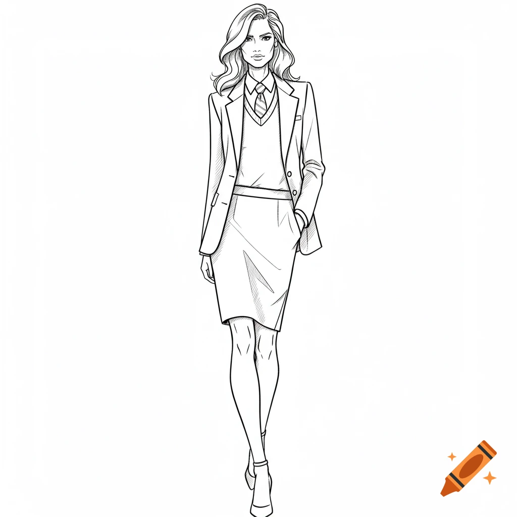 A black-and-white fashion sketch of a woman in a blazer, tie, sweater, and knee-length skirt.