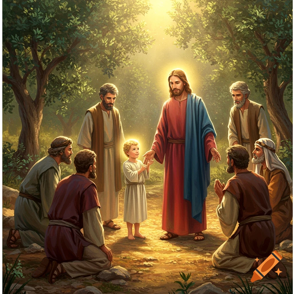 Jesus stands with open hands next to a glowing child in a forest clearing, surrounded by kneeling and standing disciples.