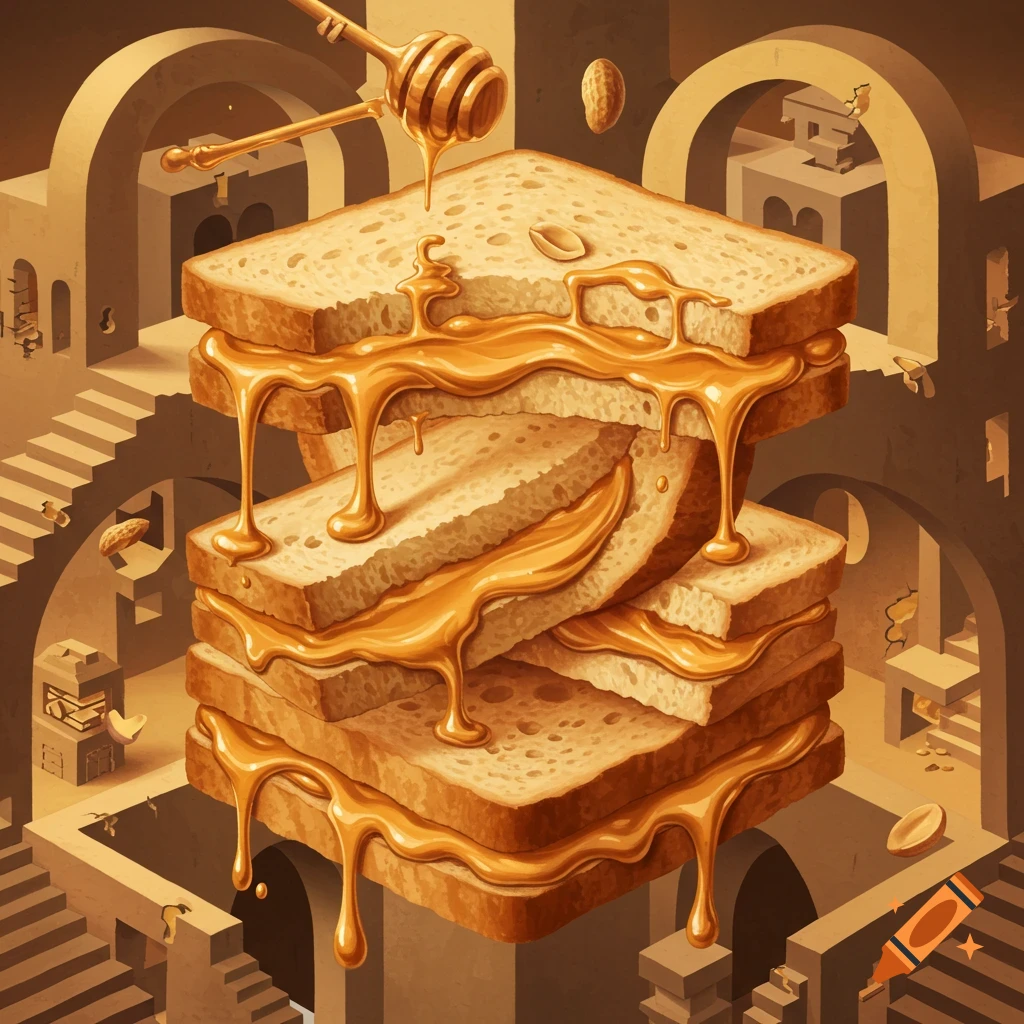 A stack of peanut butter and honey sandwiches drips in a surreal, Escheresque impossible architecture.