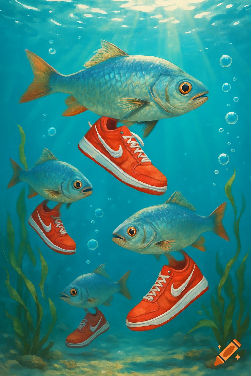 Illustrated fish and red Nike sneakers floating in a vibrant blue underwater scene with plants and bubbles.
