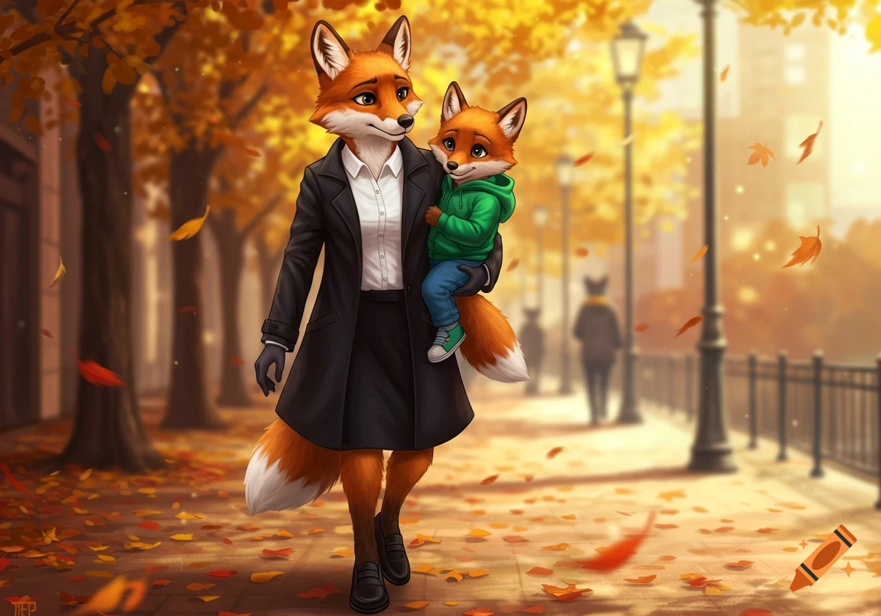 Anthropomorphic fox mother carrying her son walks through an autumn park with fallen leaves, digital art.