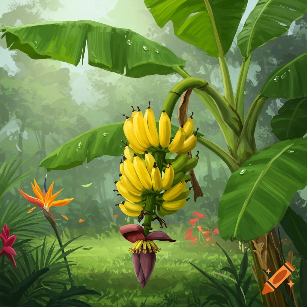 Digital painting of a banana tree with yellow fruit and a purple blossom, surrounded by lush green tropical foliage and flowers.
