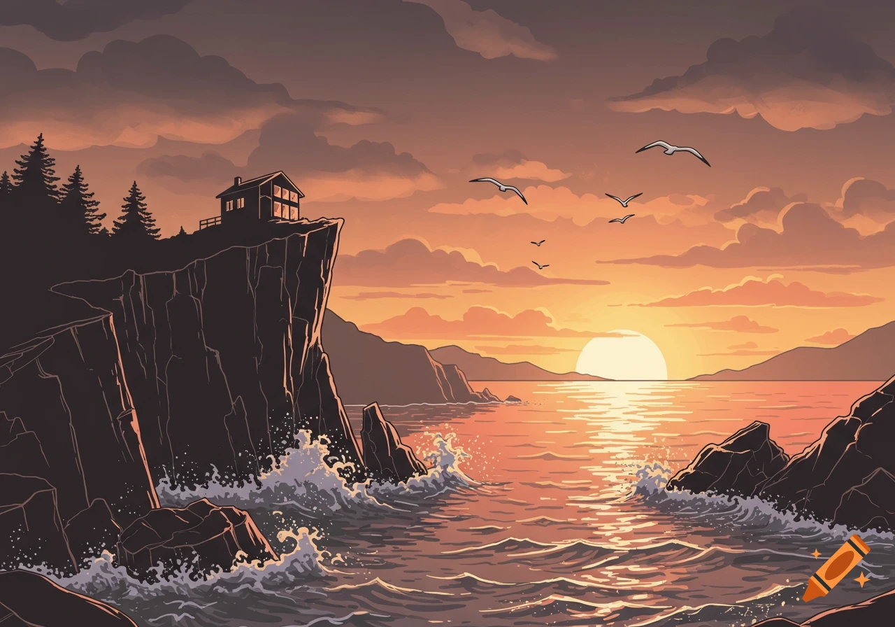 Illustrative landscape of a house on a dramatic cliff overlooking the ocean at sunset, with birds flying.