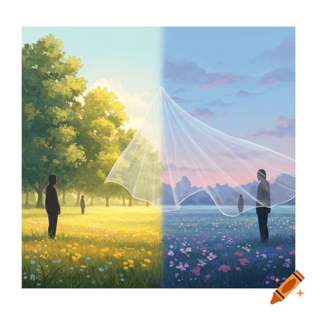 A symbolic illustration of a landscape split in half by a translucent veil, with sunny yellow fields on one side and dusk-lit purple fields on the other. Silhouetted figures are present.