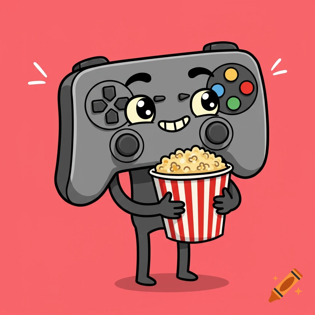 A cheerful cartoon video game controller character with big eyes, a wide smile, and bold outlines, happily holding a striped popcorn bucket.
