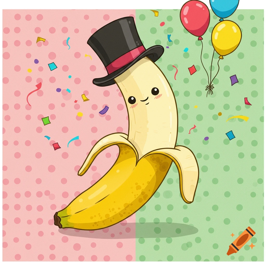 A cheerful cartoon banana, partially peeled, wears a black top hat, surrounded by colorful confetti and balloons against a pink and green polka dot background.