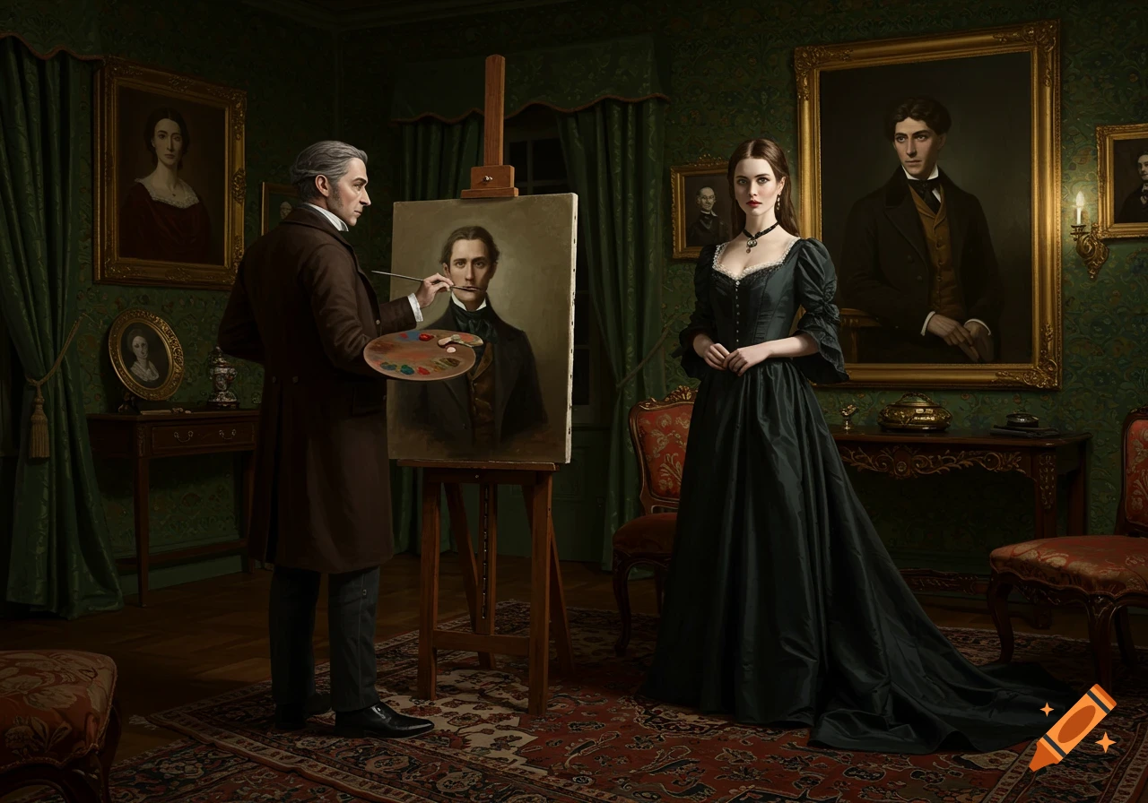 A photorealistic depiction of an artist painting a man's portrait, observed by a woman in a black gown, in a lavish, dark green, art-filled room.