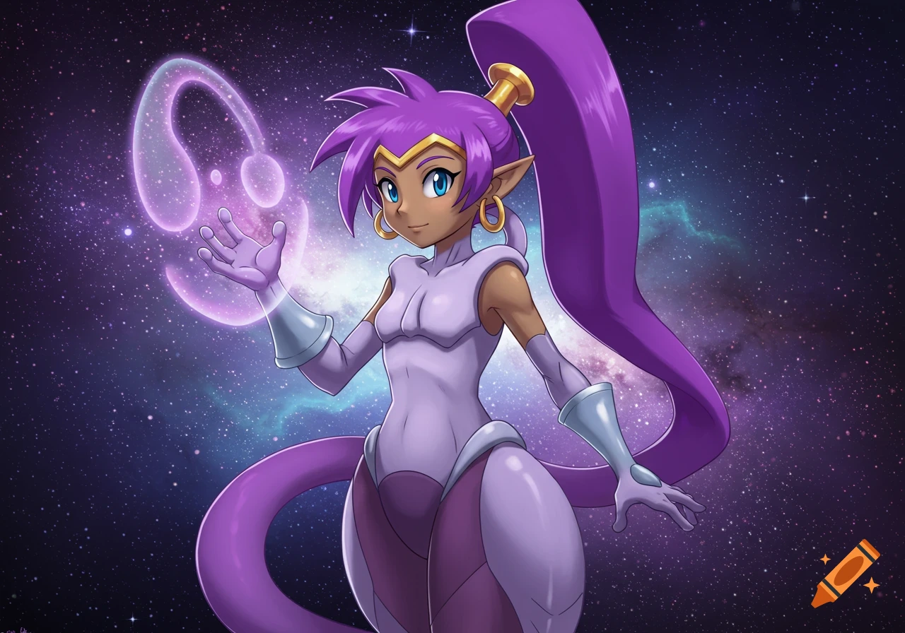 Anime character Shantae, dressed as Mewtwo, stands in space with a glowing hand.