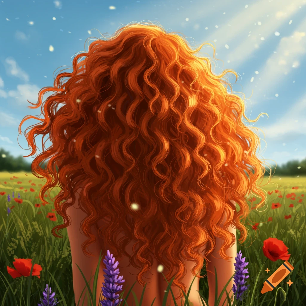 A person with voluminous bright red curly hair stands in a sunny field of red poppies and purple flowers, viewed from behind.