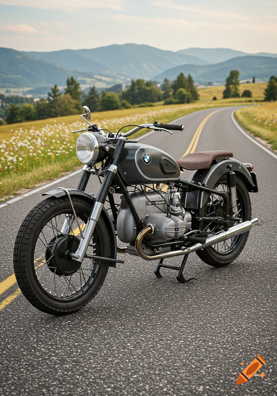 A vintage black BMW motorcycle with a brown seat parked on a winding road with wildflowers and mountains in the background, photorealistic.