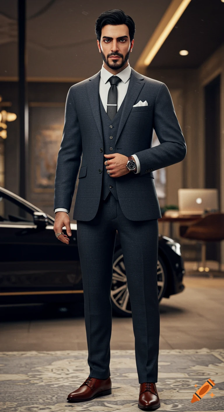 A confident Iranian man in a dark grey three-piece suit, white shirt, and dark tie, standing in a luxurious setting with a car behind him. He wears brown leather shoes, a luxury watch, and rings.