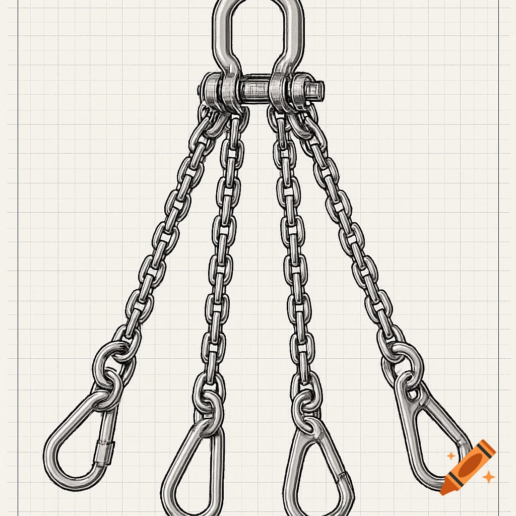 A detailed schematic drawing of a metal lifting assembly with four chains connected to a shackle at the top and karabiners at the bottom, on a grid background.