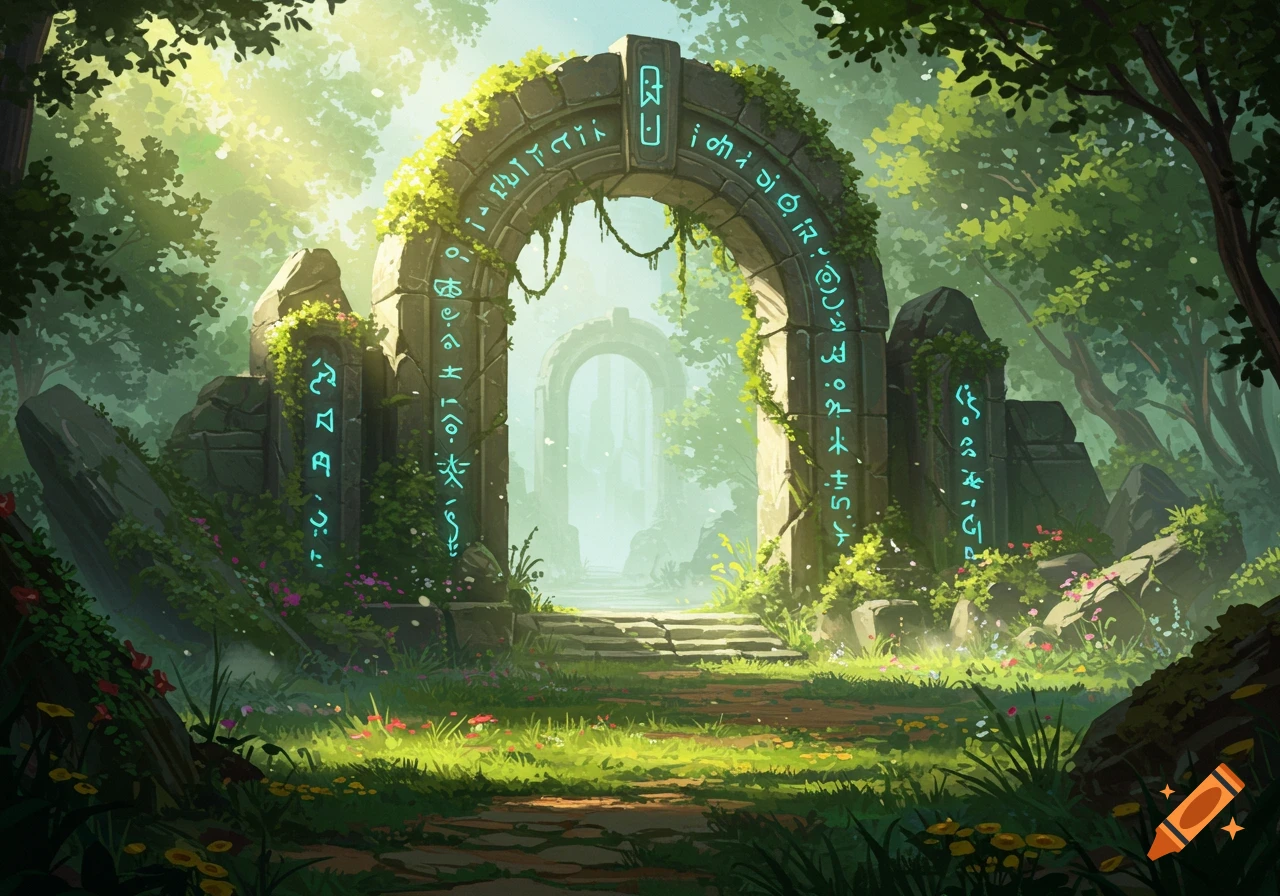 Ancient stone archway with glowing runes and ivy in a lush, misty forest landscape.