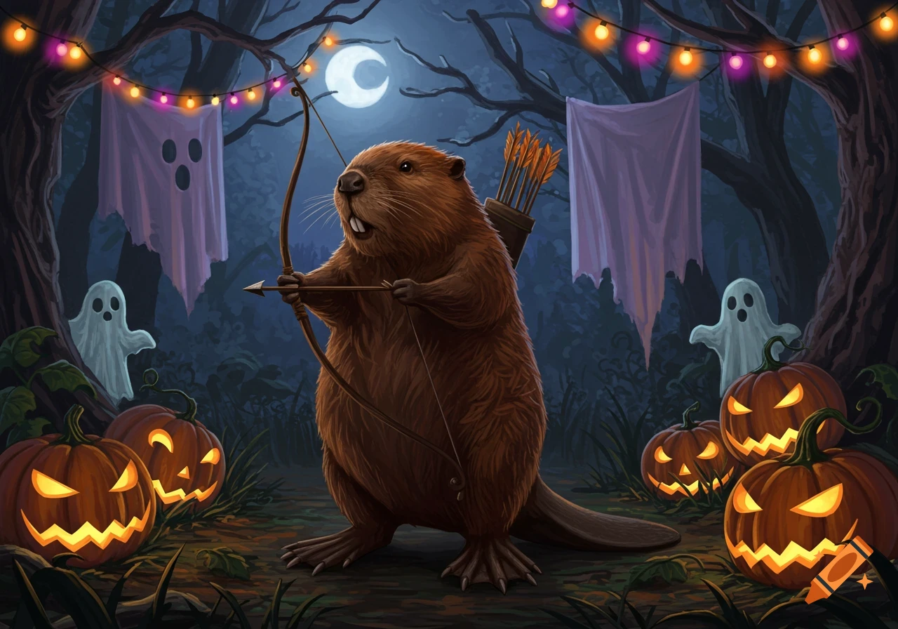 A cartoon beaver archer in a Halloween-decorated forest at night, with jack-o'-lanterns and ghosts.