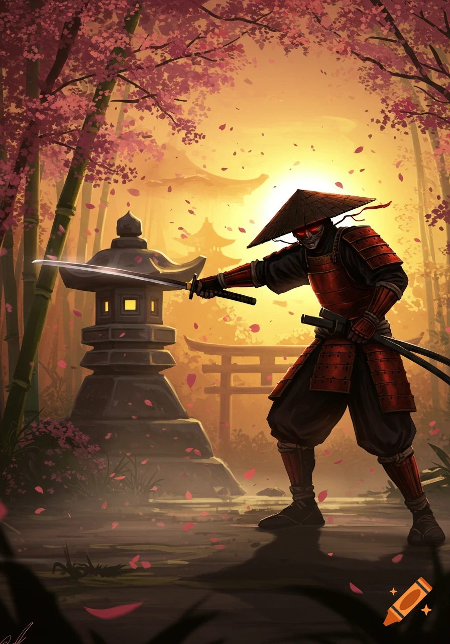 A stylized samurai in red armor with glowing eyes, holding a katana, stands in a misty Japanese garden at sunset with bamboo, cherry blossoms, and a stone lantern.
