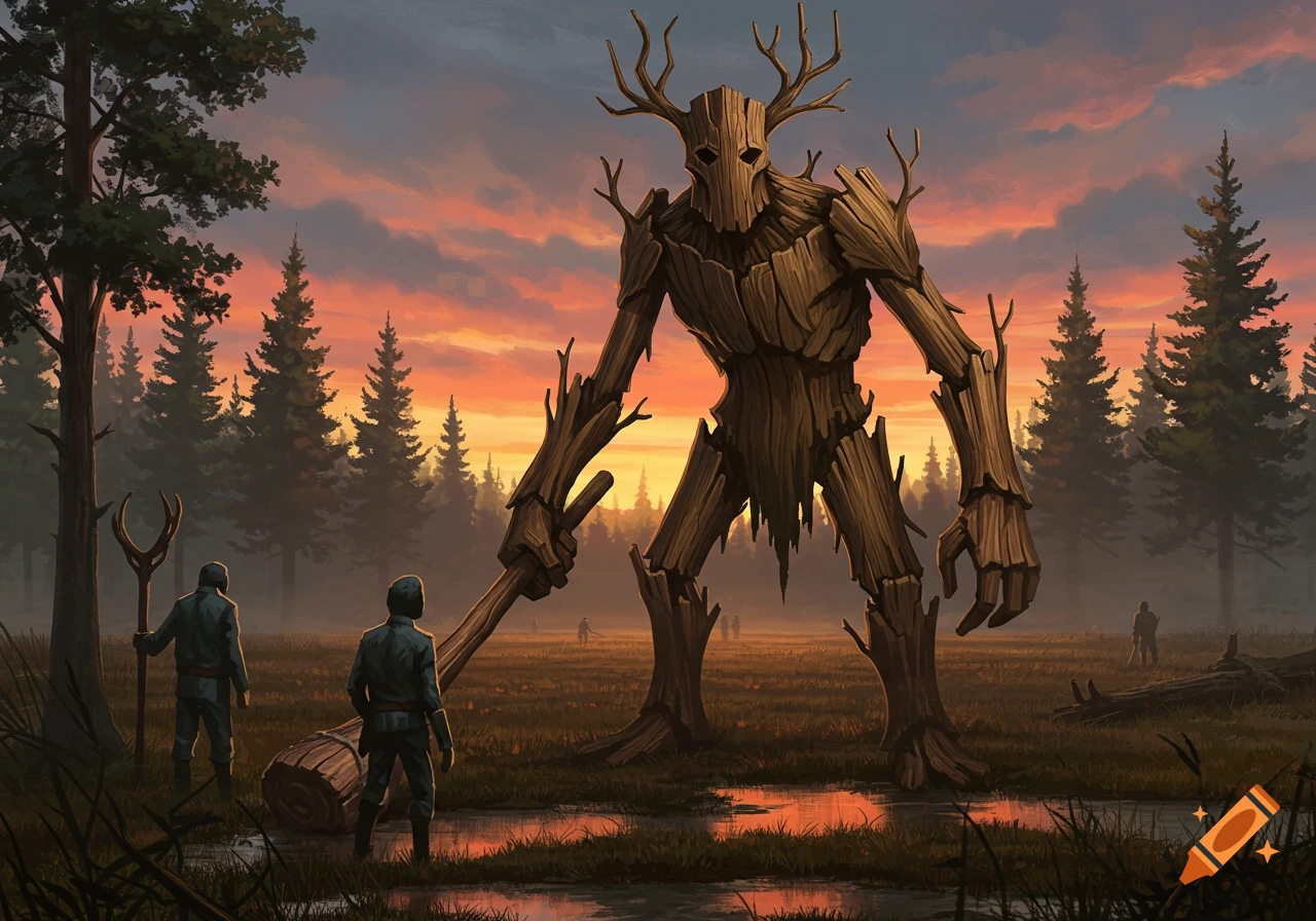 Two figures face a giant wooden golem holding a club in a swampy forest at sunset, fantasy art.
