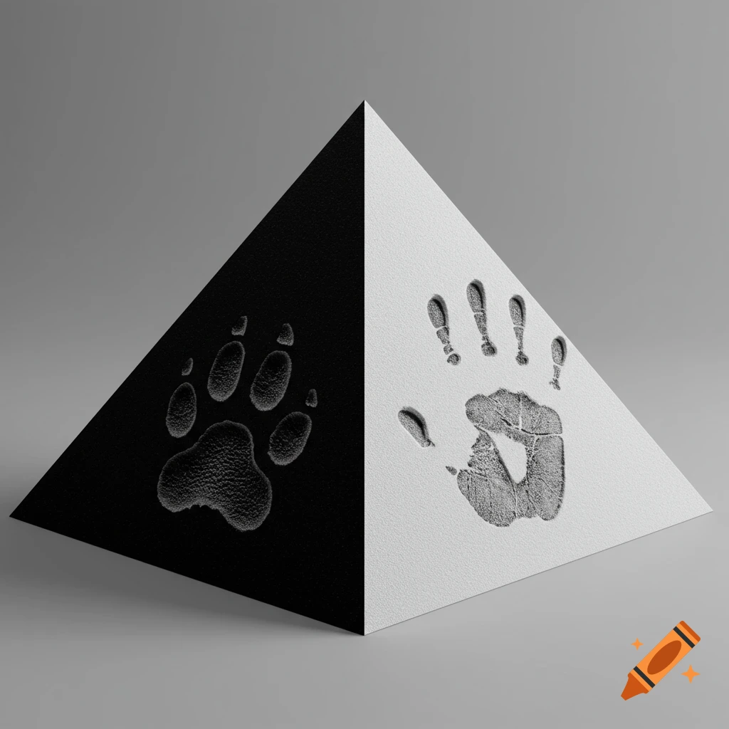 A black and white pyramid featuring a textured paw print on the black side and a handprint on the white side.